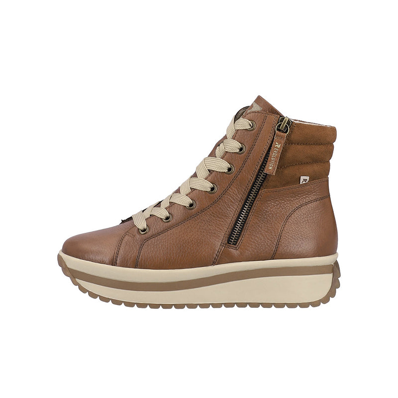 Brown high-top winter boot with lace-up front, side zipper, and padded collar