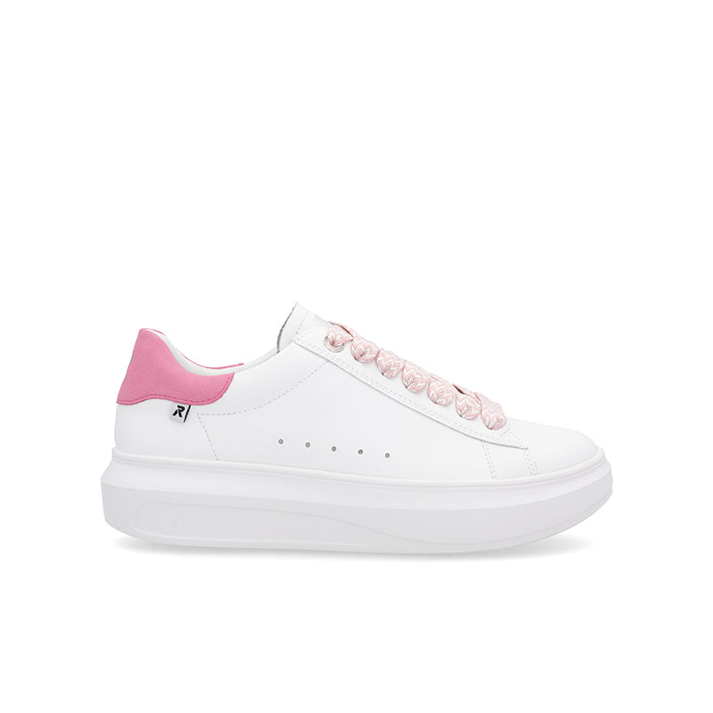 White lace-up sneakers with pink heel and pink lace detail, chunky white sole