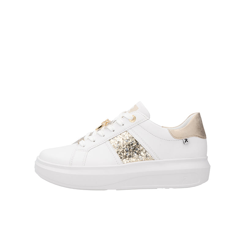 White lace-up sneakers with gold lace details and glitter side panel