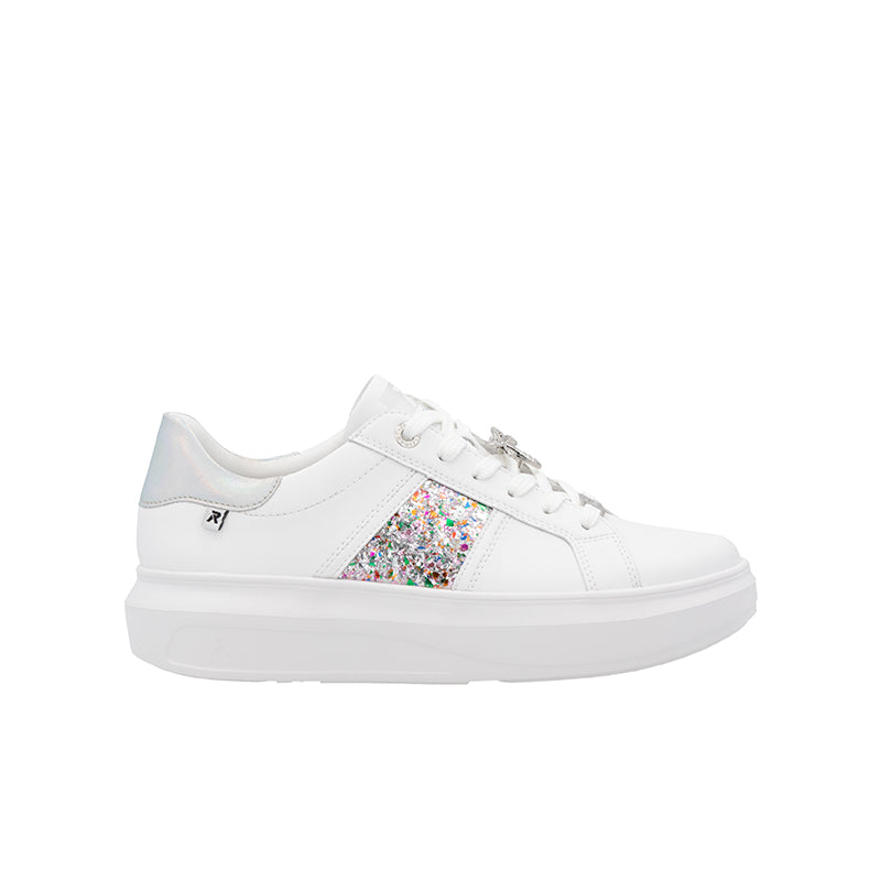 White lace-up sneakers with multicolor glitter side stripe and platform sole