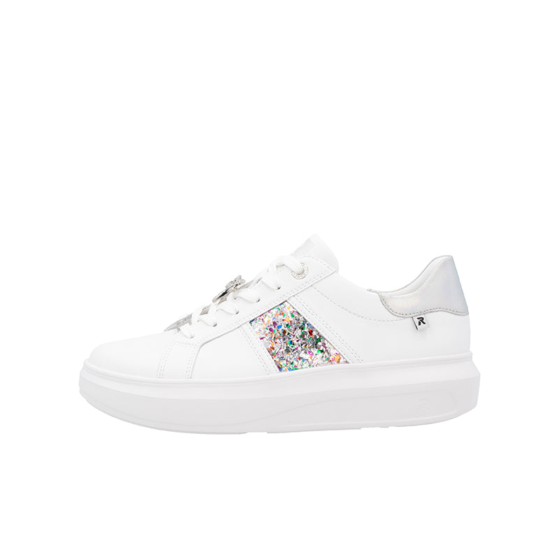 White lace-up sneakers with multicolor glitter side panel and thick sole