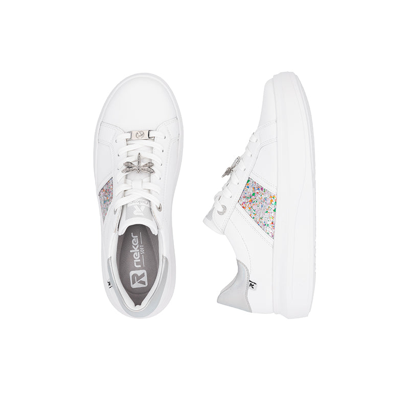 White lace-up sneakers side view with glitter side panel and chunky sole
