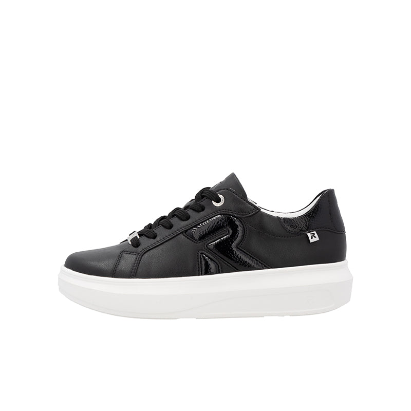 Black leather lace-up sneaker, side logo and white sole
