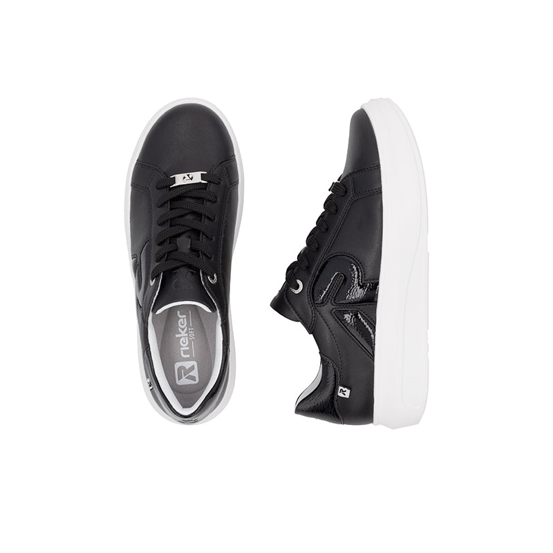Black leather lace-up sneakers, front and side view with white sole