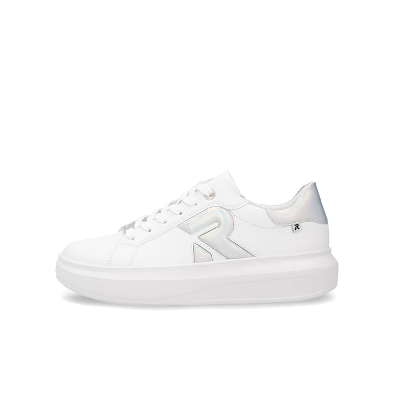 White leather lace-up sneaker, side logo and white sole