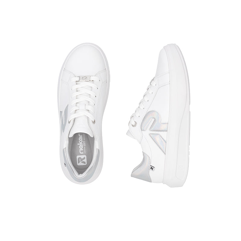 White leather lace-up sneakers, front and side view with white sole