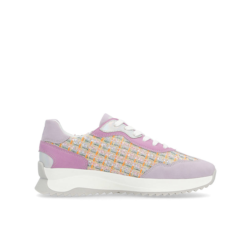 Women’s trainers in lavender with multicolor woven upper and white lace-up front