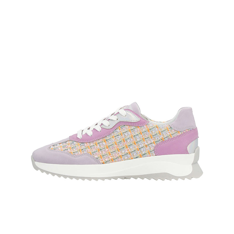 Women’s lace-up trainers with lavender side panels, multicolor woven mesh, white sole