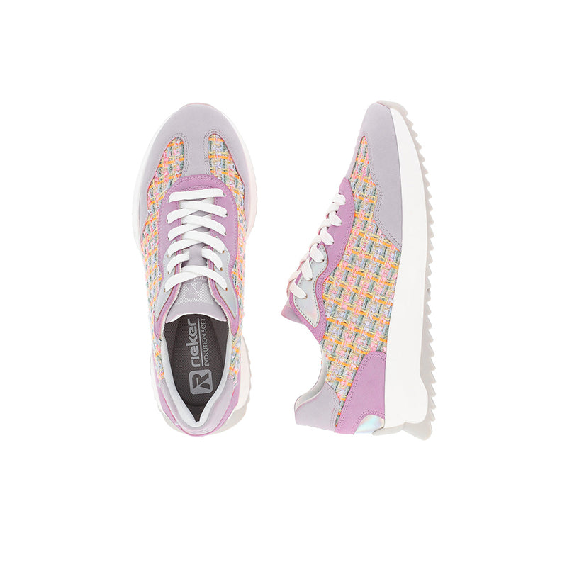 Pair of women’s lace-up trainers: lavender woven sides, white laces, white rubber soles