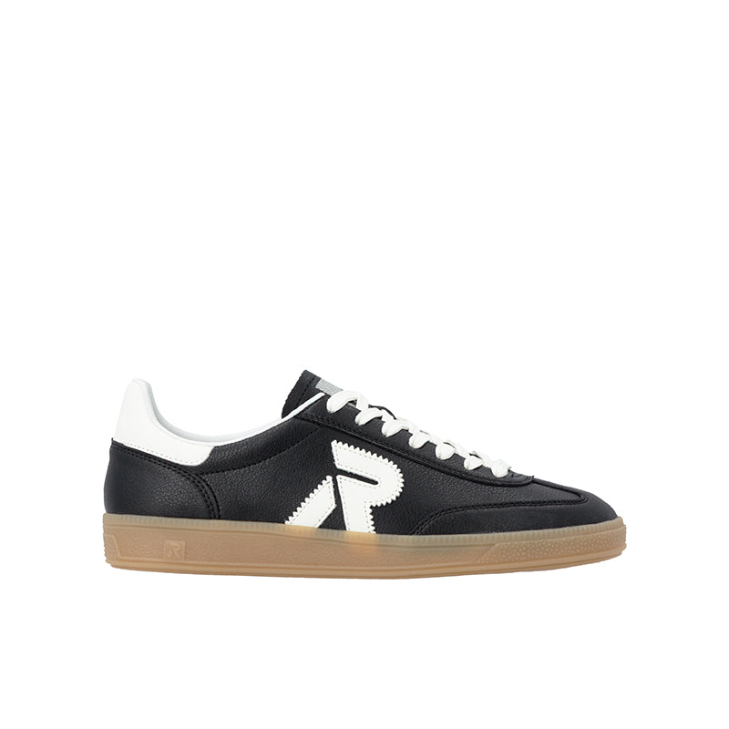 Black leather lace-up sneaker with white logo and gum sole