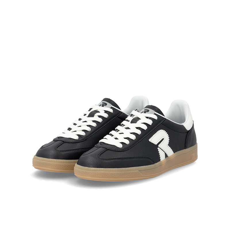 Black lace-up sneakers with white logo accents and gum sole, paired front view