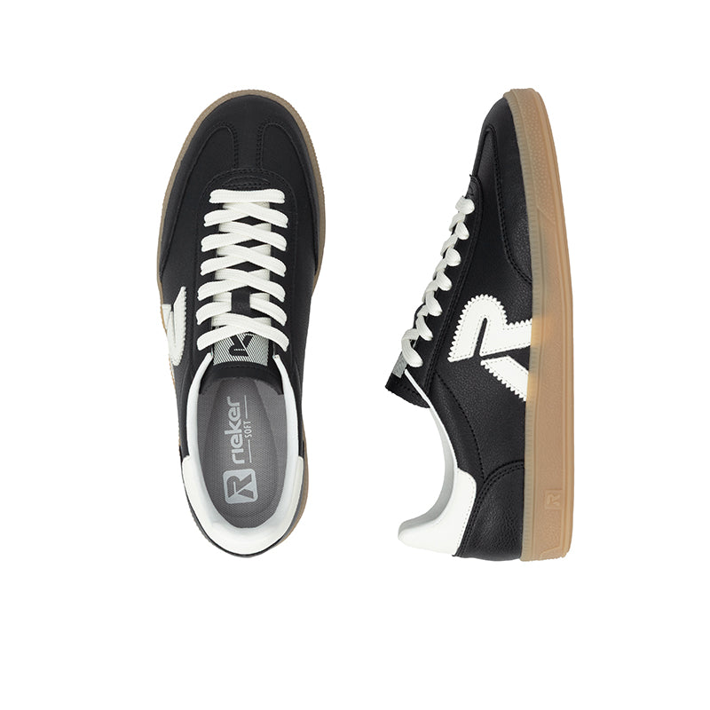 Black lace-up sneakers with white logo, side and outsole views