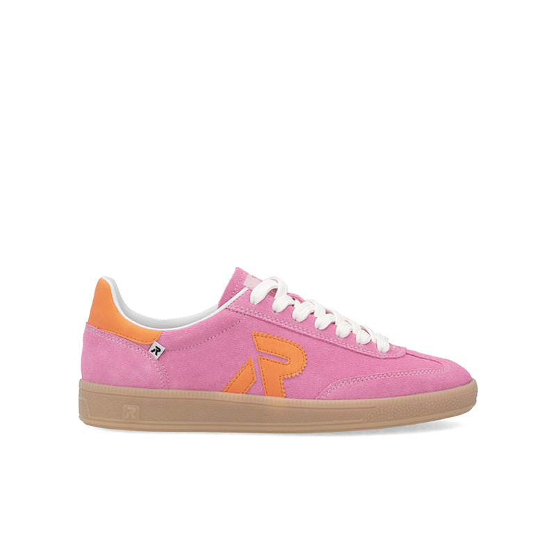 Pink lace-up sneaker with orange logo and gum sole