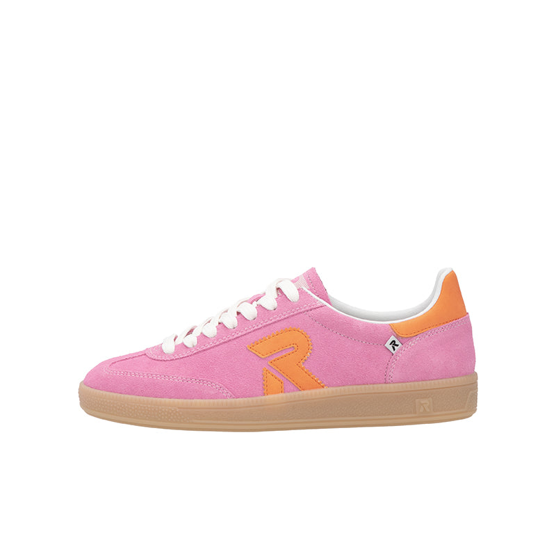 Pink lace-up sneaker with orange letter-style logo and white laces, gum sole.