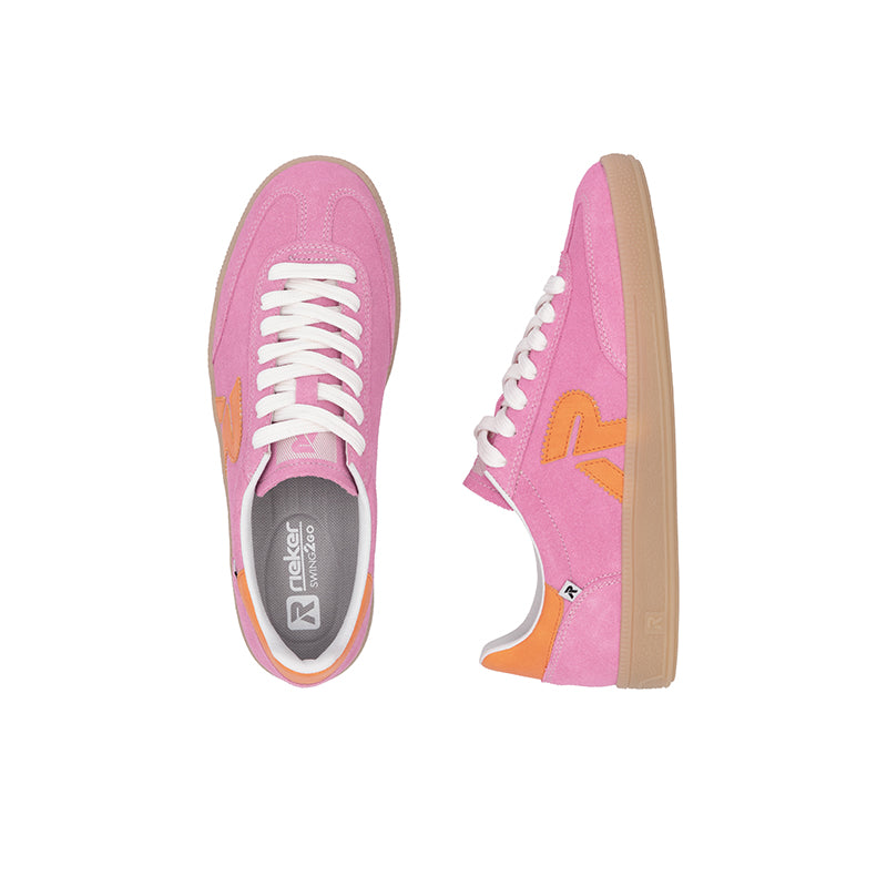 Pink lace-up sneaker pair view with white laces and gray lining, gum sole.
