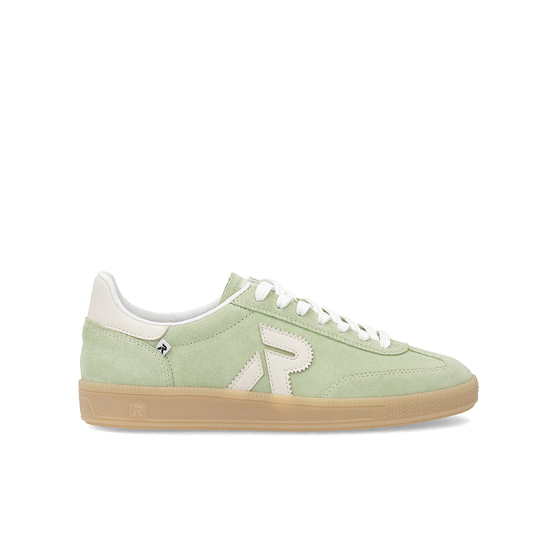 Light green lace-up sneaker with white laces, large logo detail, gum sole.