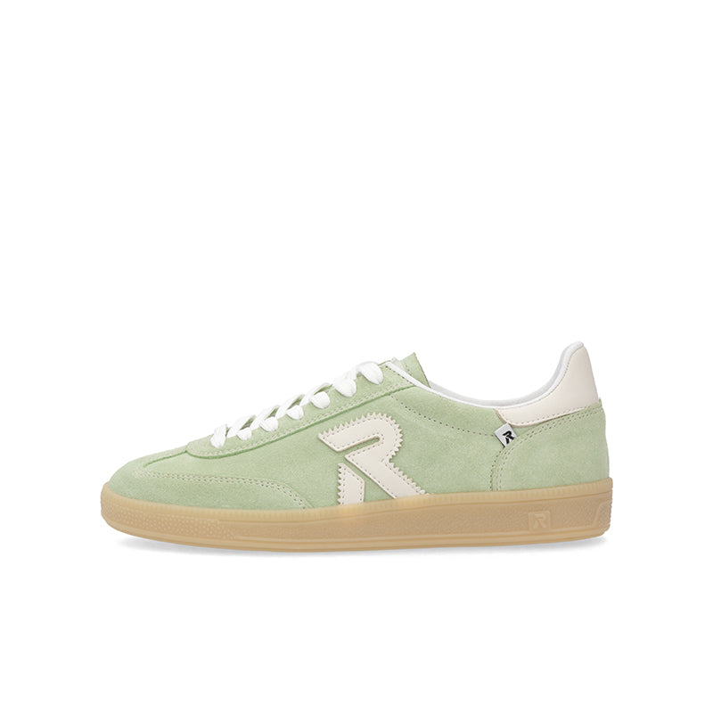 Light green lace-up sneaker with white laces, bold logo panel, gum sole.