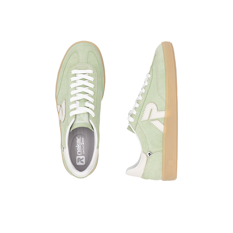 Light green lace-up sneaker pair view with white laces and gum sidewall.