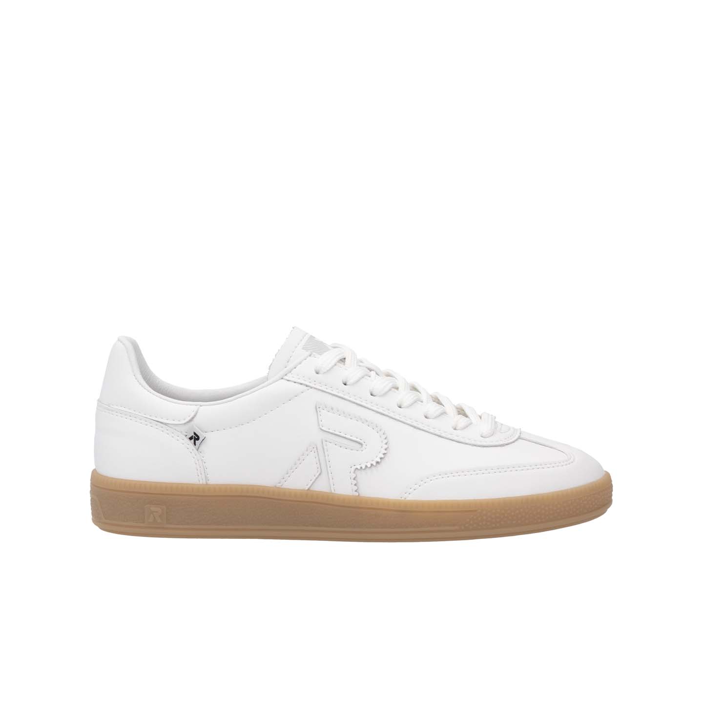 White leather lace-up sneaker with subtle logo and gum sole