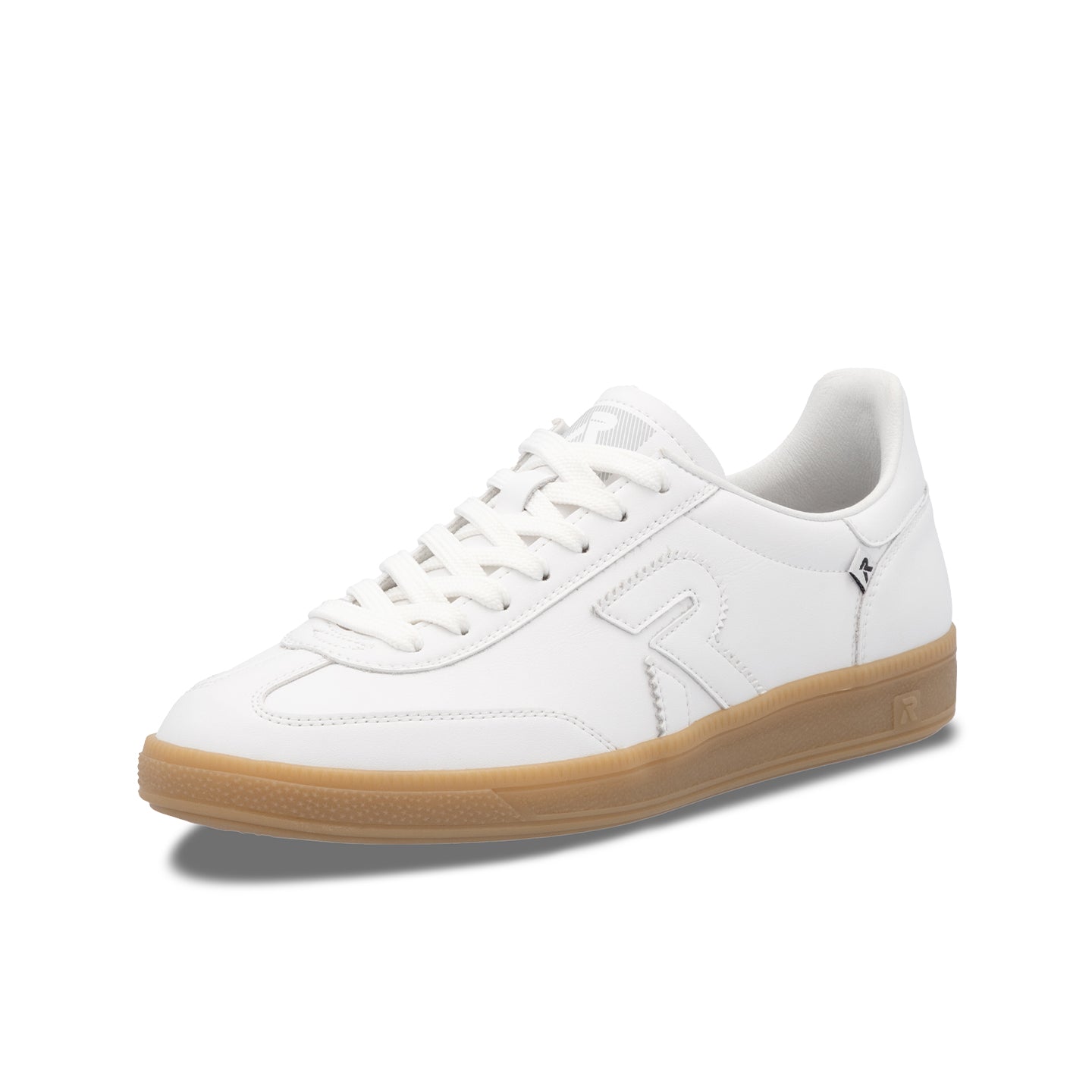 White leather lace-up sneaker with stitched logo and gum sole