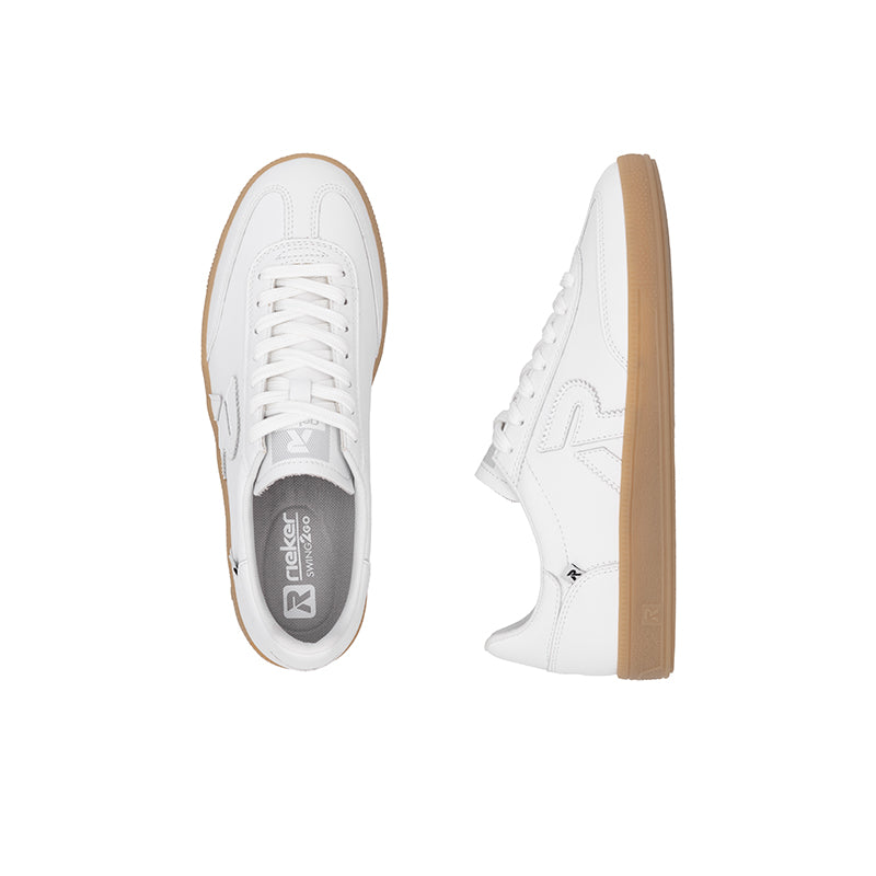 White leather lace-up sneakers with gum sole, front and side views