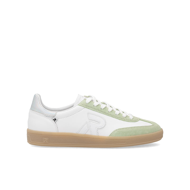 White lace-up leather women’s sneaker with light green panels and gum rubber sole