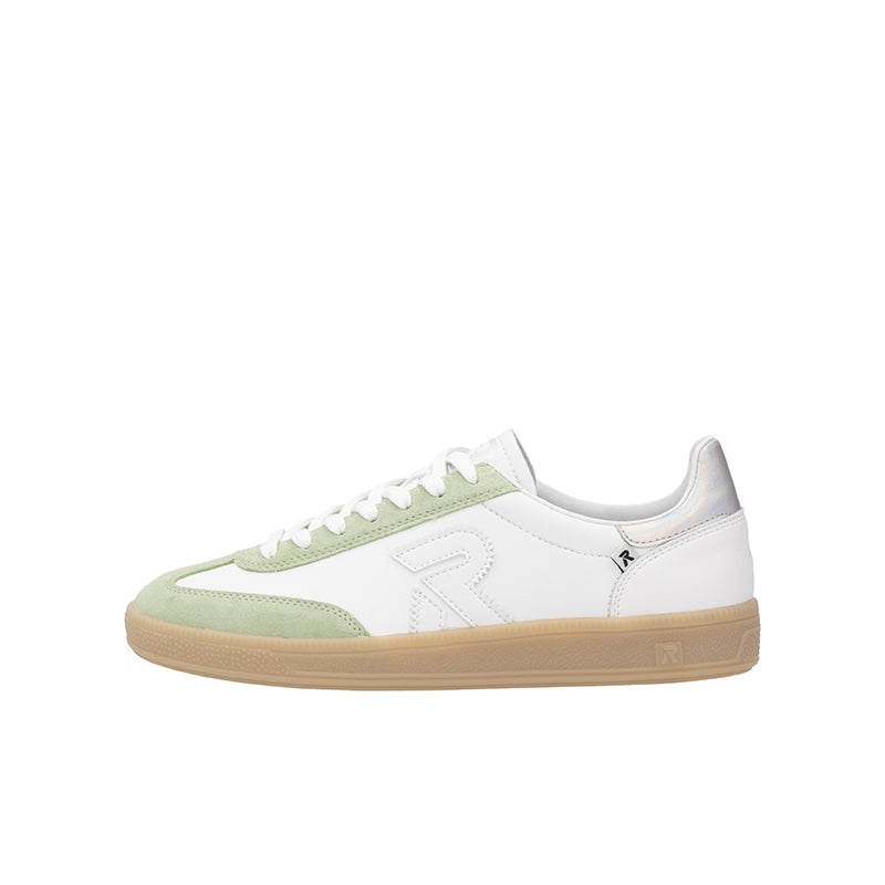 White lace-up leather women’s sneaker with light green accents and gum rubber sole