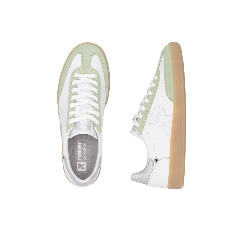 White lace-up leather women’s sneaker with light green panels, outsole and side view