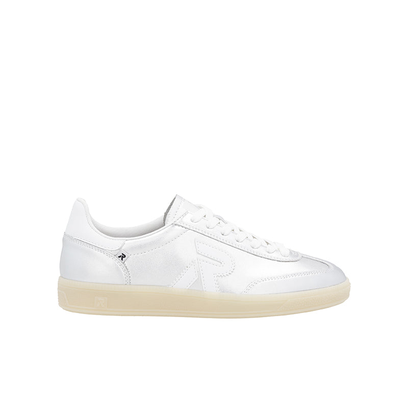 White leather lace-up sneaker with embossed logo, white laces, gum sole.