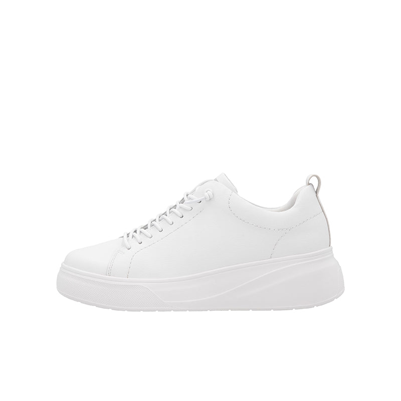 Rieker women's white lace-up sneaker, side view with textured sole
