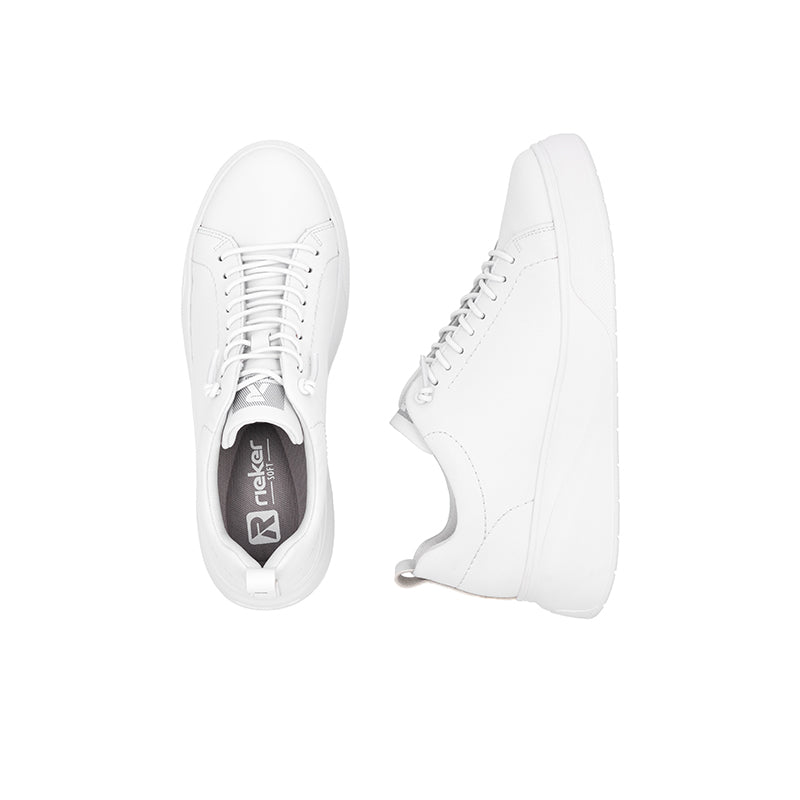 Rieker women's white sneakers pair, front and side views with lace-up closure