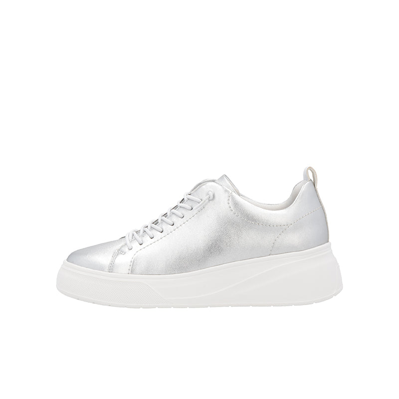 Rieker women's metallic lace-up sneaker, angled side view with cushioned sole