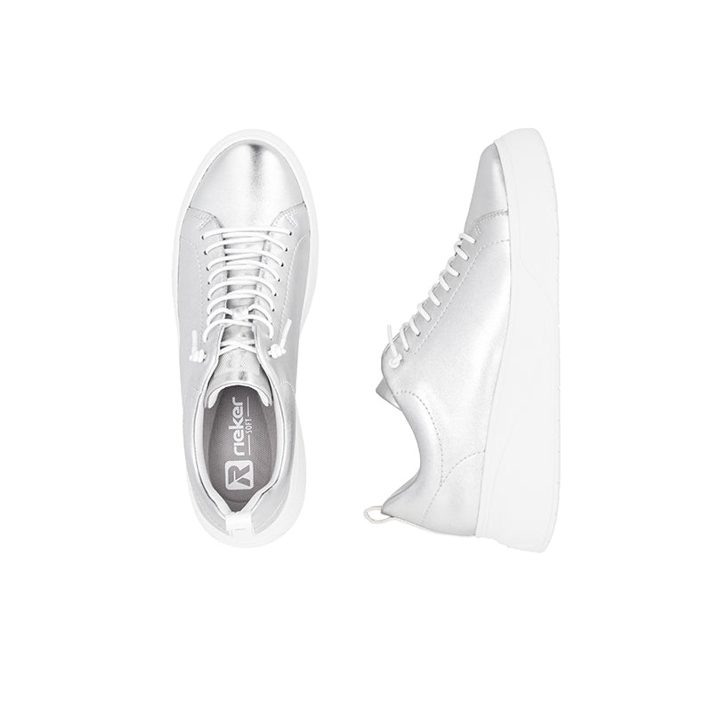 Rieker women's metallic silver sneakers pair, front and side views