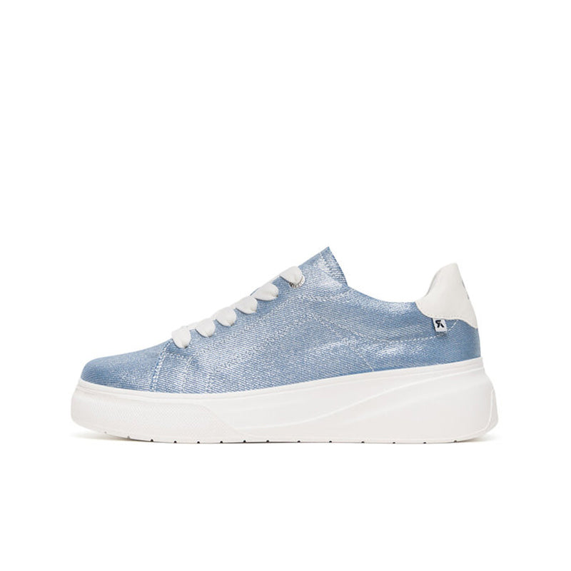 Rieker blue low-profile lace-up sneakers, side view with white sole