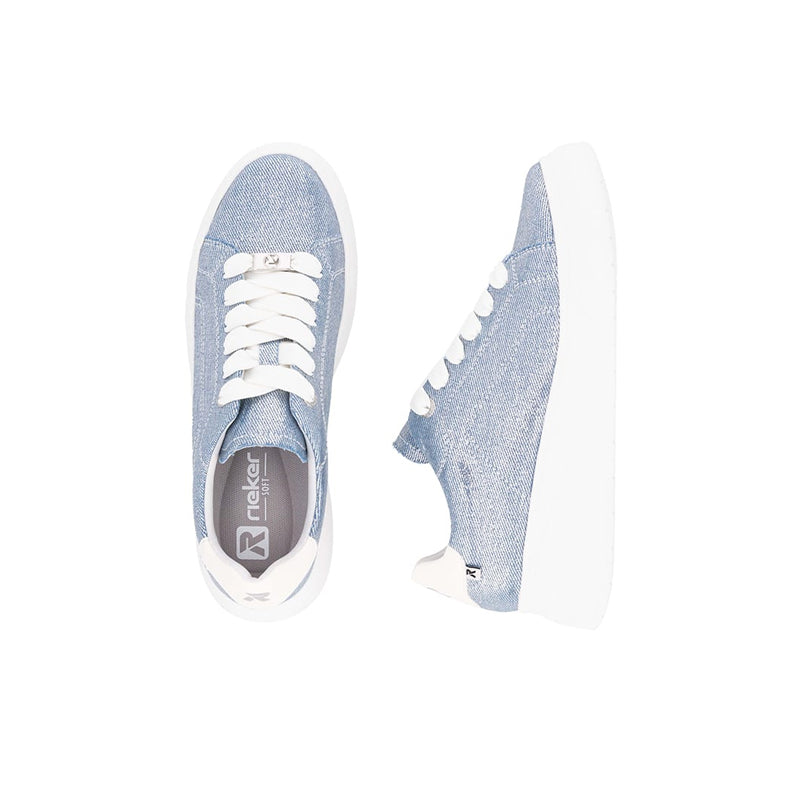 Rieker blue lace-up sneakers, top and side views with white sole