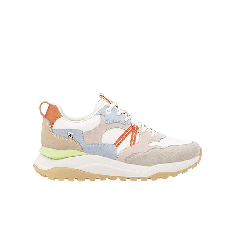 Multicolor women's lace-up sneaker with white, blue, beige uppers and chunky rubber sole