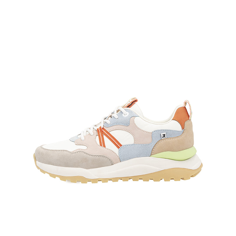 Multicolor lace-up sneaker with white, blue, beige panels, orange laces, lime-green heel
