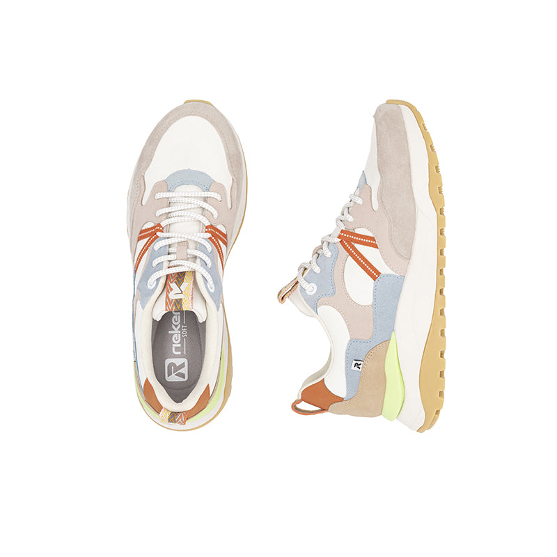 Pair of multicolor lace-up sneakers with white laces and orange lace accents, beige lining