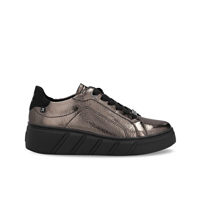 Bronze metallic leather low-top sneakers with lace-up and black platform sole