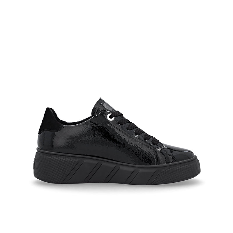 Black leather low-top sneakers with lace-up and black platform sole