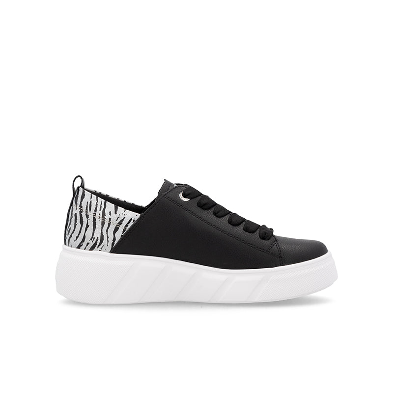 Low-top lace-up sneaker, black leather with zebra-print side panel and white sole