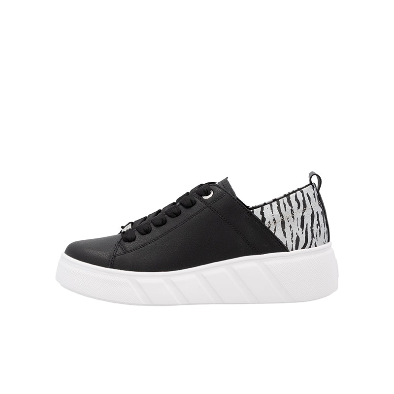 Low-top lace-up sneaker, black upper with zebra-print inner side and white platform sole