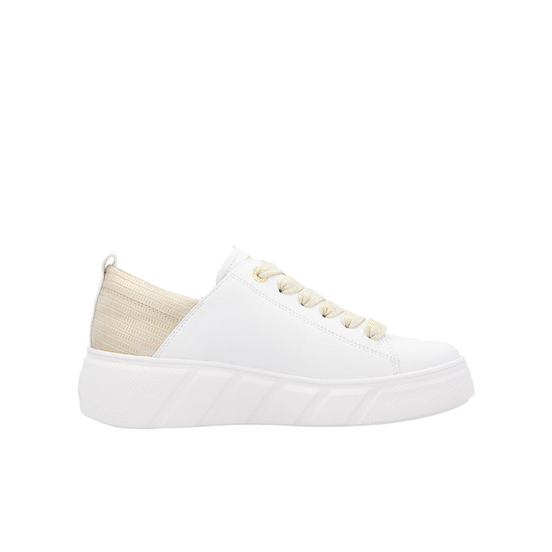 Low-top lace-up sneaker, white upper with beige fabric side panel and white sole
