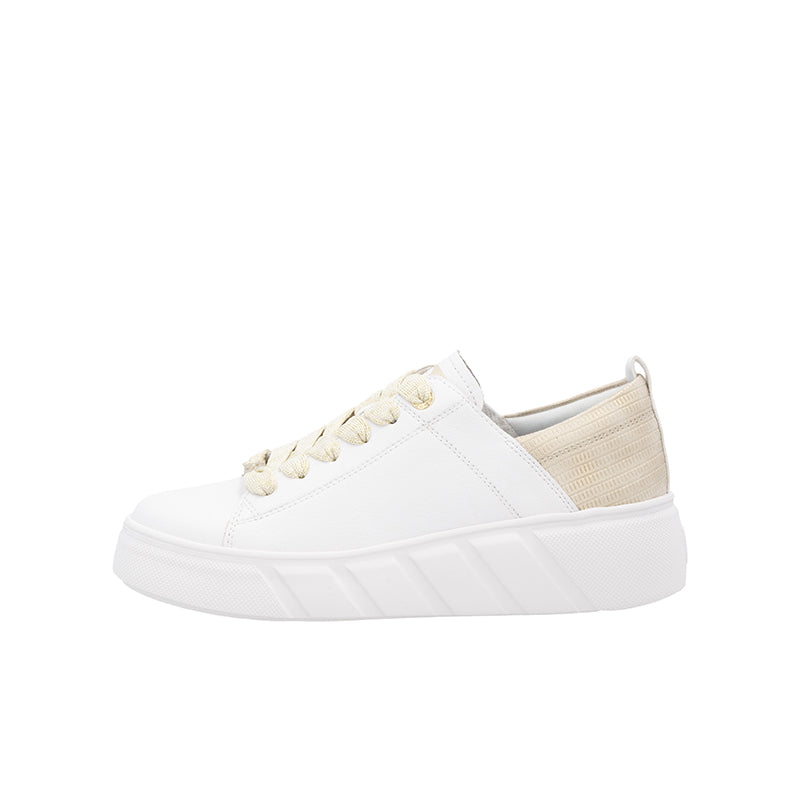 Low-top lace-up sneaker, white upper with beige fabric inner side and white platform sole
