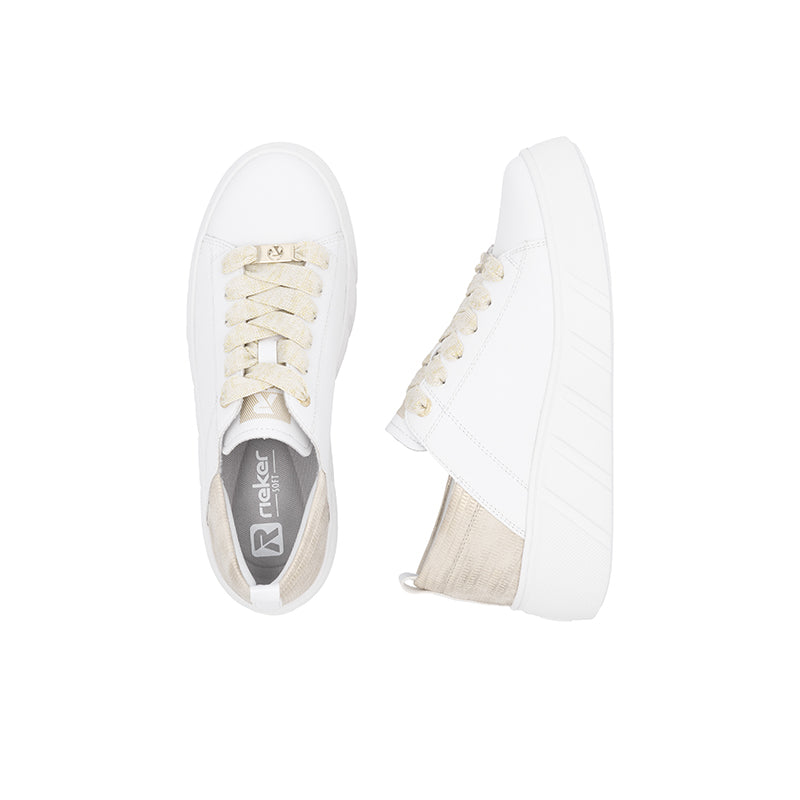 White low-top lace-up sneaker pair with beige side trim and white sole