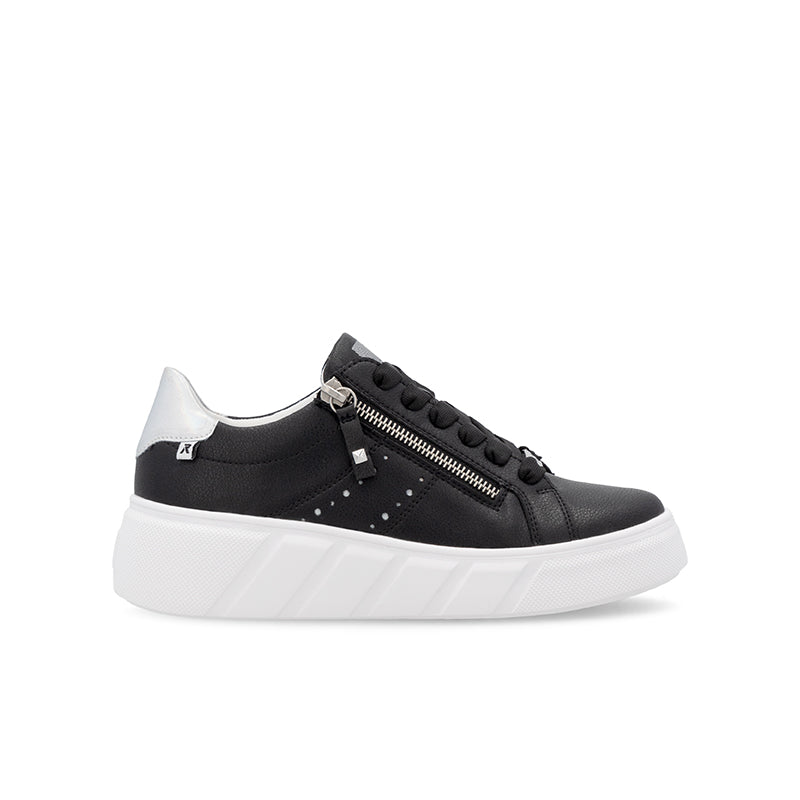 Black low-top sneakers with front zip and lace-up detailing, white tread sole