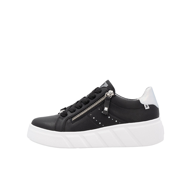 Black low-top sneakers with front zip, lace-up, speckled accents and white sole