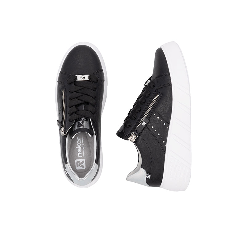 Black low-top sneakers with front zip and lace-up, white outsole detail