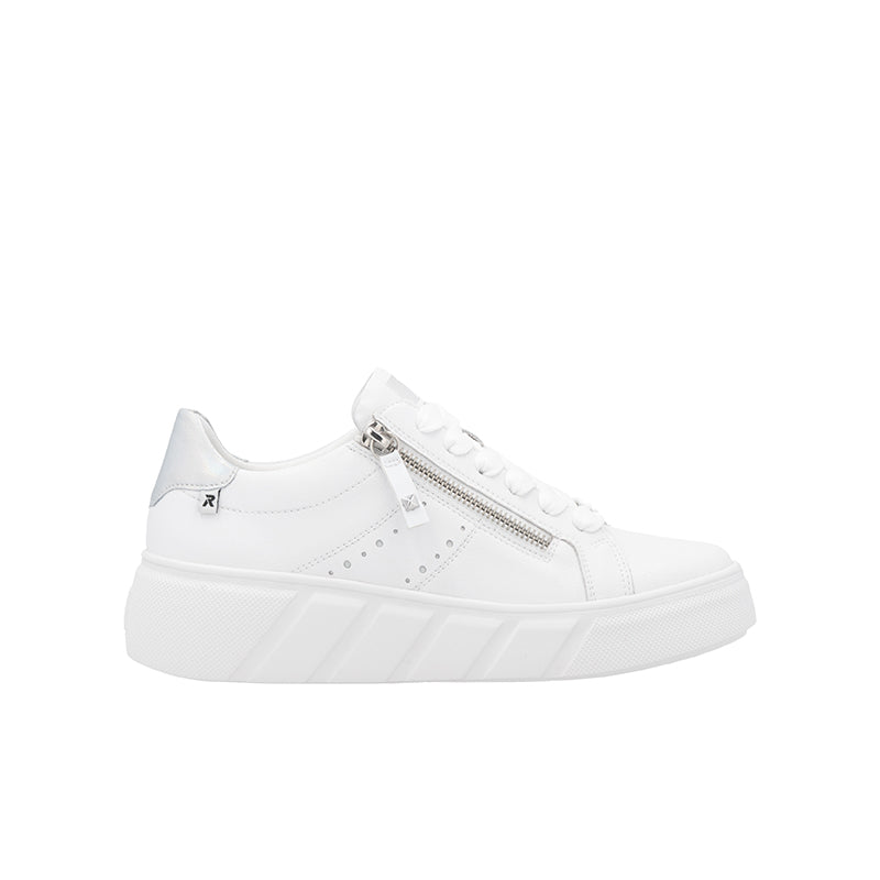 White low-top sneakers with front zip and lace-up detailing, chunky white sole