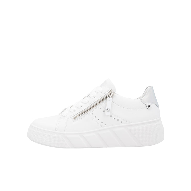 White low-top sneakers with front zip, lace-up and speckled accents, white sole